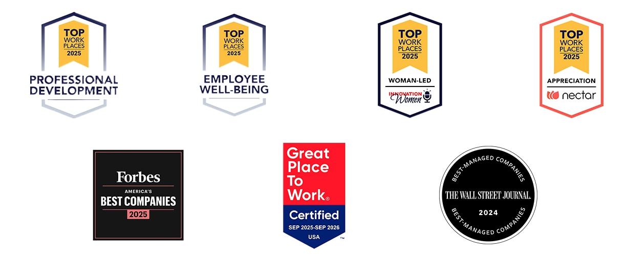 Various award badges highlighting workplace achievements, including "Top Work Places 2025," "Forbes Best Companies," and "Great Place to Work."